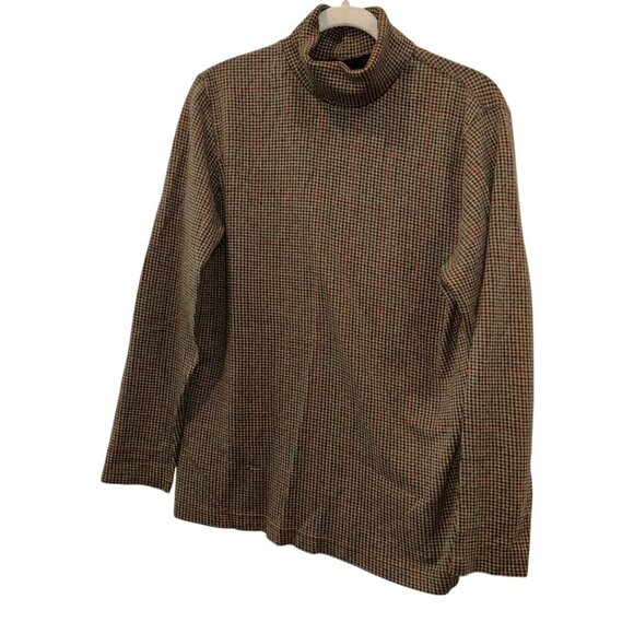 Lands' end brown green tan Houndstooth glenn plaid tweed print cotton turtleneck - Picture 1 of 4